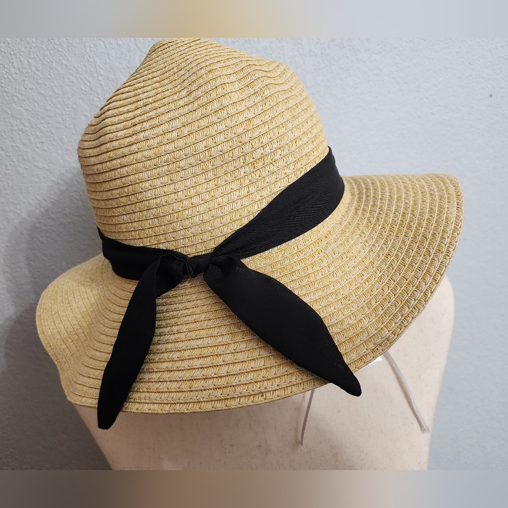 Women's Straw Sun Hat with Black Ribbon Trim
